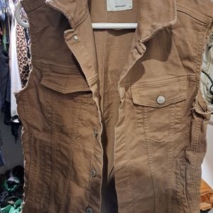 Jack & Jones, dark tan coloured denim, freyed cut off sleeved vest, Size Sm- Med